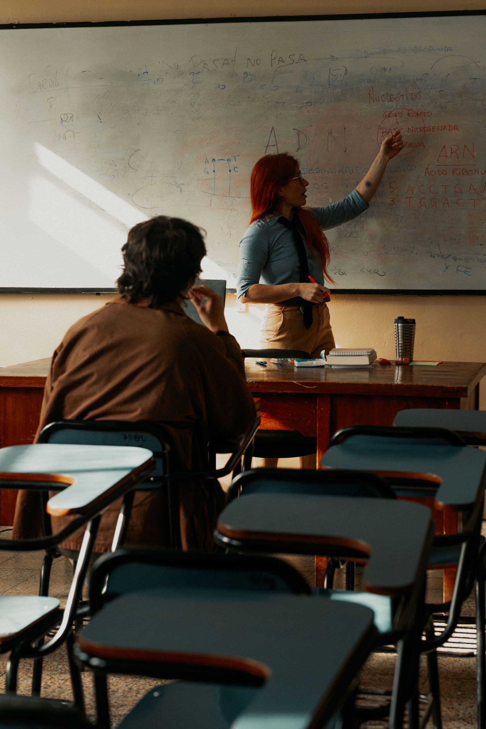 A lecturer explains concepts on a whiteboard in a Buenos Aires classroom.